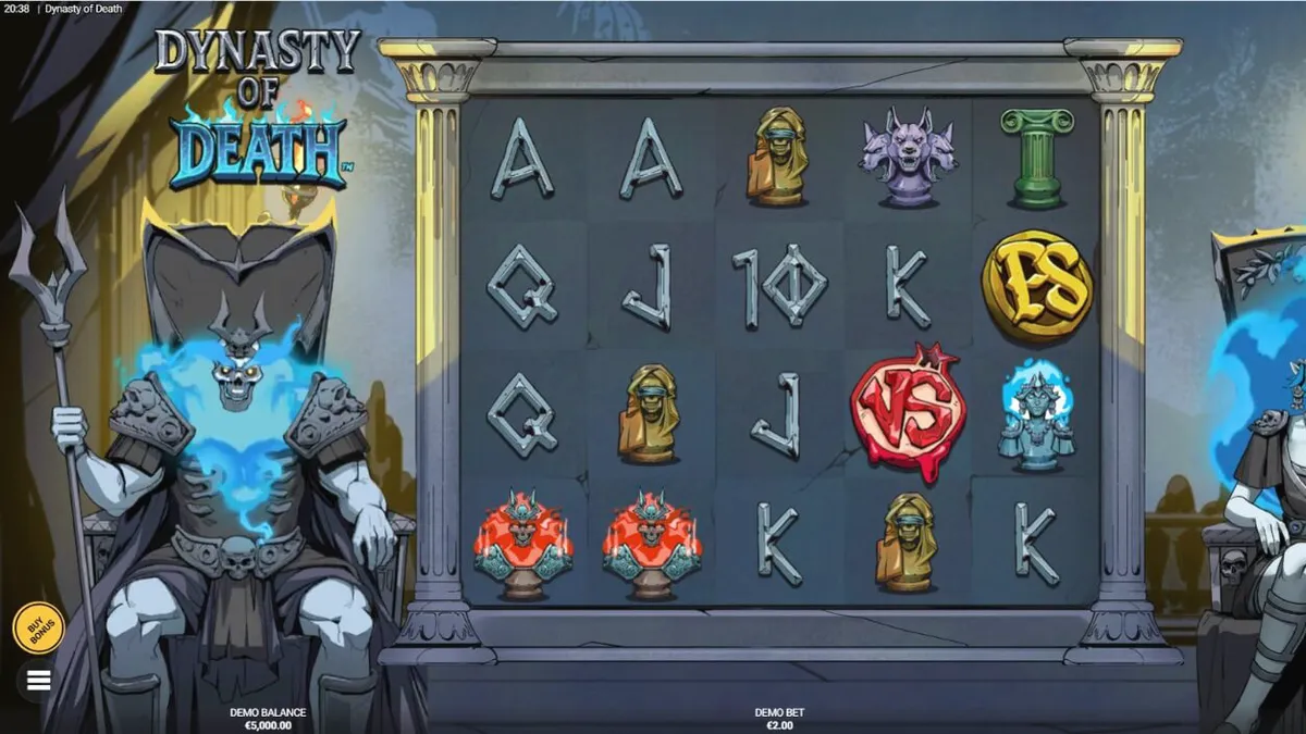 Interface do slot Dynasty of Death com tema de mitologia grega e xadrez